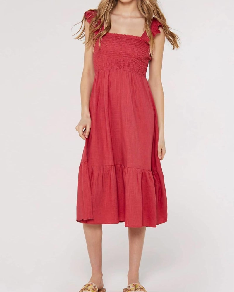 Front of a model wearing a size XL Linen Smock Midi Dress In Red/Pink in Red/Pink by APRICOT. | dia_product_style_image_id:342350